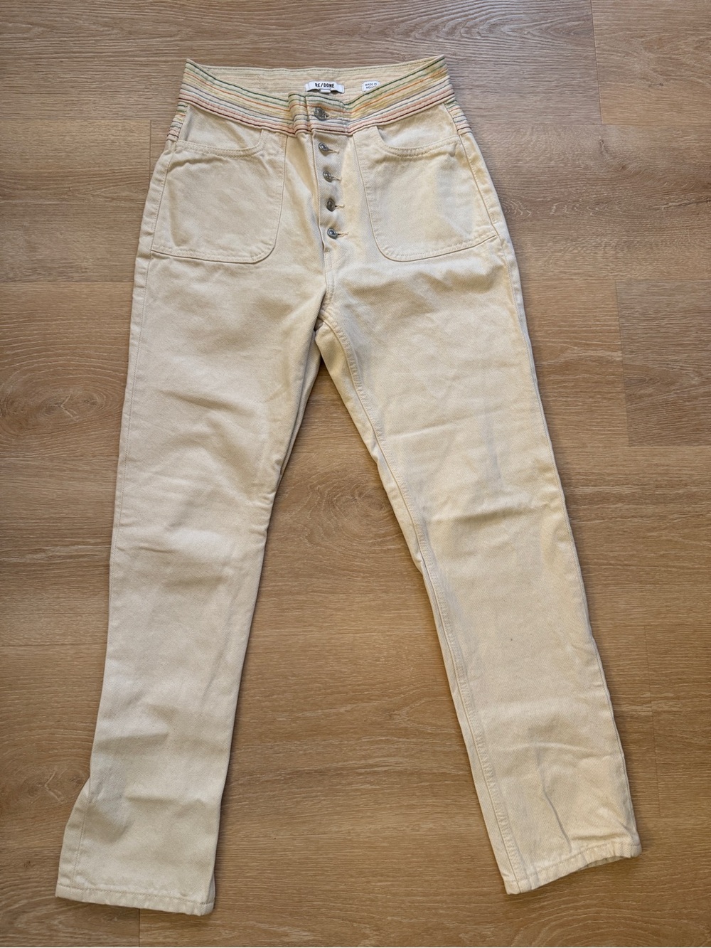 Re/Done White Stove Pipe Button Fly Blanca Miro Ecru Rainbow Cotton Jeans sz 27